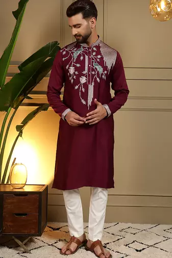 Men's maroon viscose silk sequins embroidered kurta with pajama set