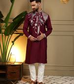 Men's maroon viscose silk sequins embroidered kurta with pajama set