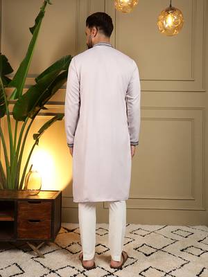 Men's grey viscose silk sequins embroidered kurta with pajama set 5