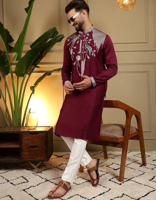 Men's maroon viscose silk sequins embroidered kurta with pajama set 2