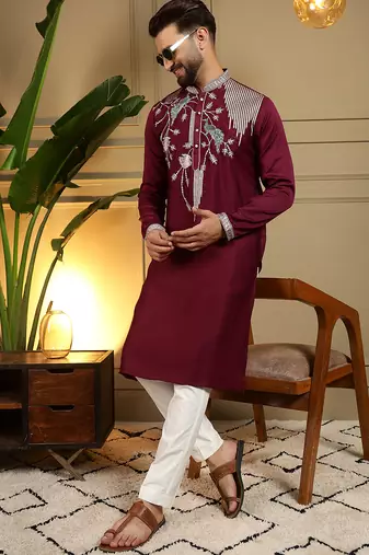 Men's maroon viscose silk sequins embroidered kurta with pajama set