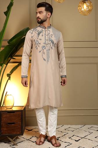 Men's beige viscose silk sequins embroidered kurta with pajama set