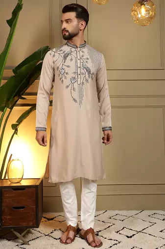 Men's beige viscose silk sequins embroidered kurta with pajama set