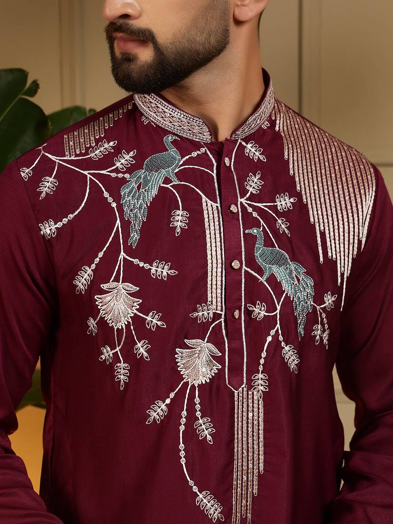 Men's maroon viscose silk sequins embroidered kurta with pajama set