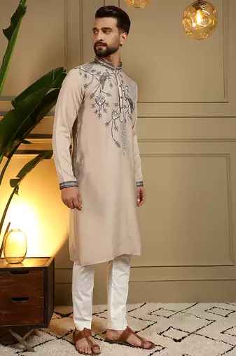 Men's beige viscose silk sequins embroidered kurta with pajama set