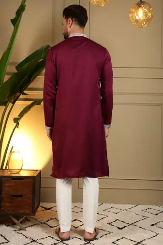 Men's maroon viscose silk sequins embroidered kurta with pajama set