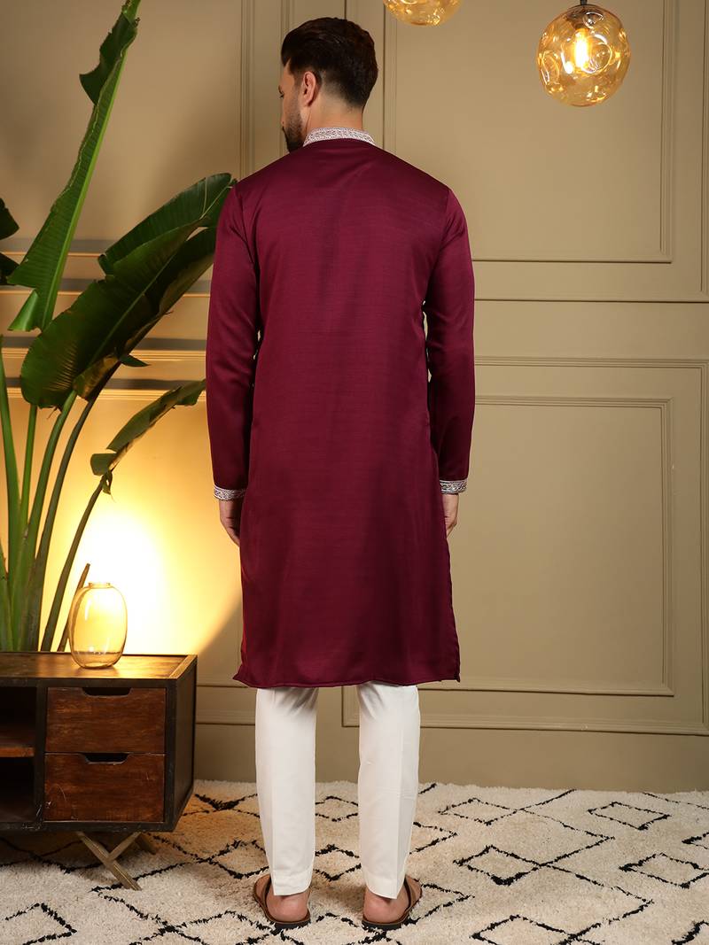 Men's maroon viscose silk sequins embroidered kurta with pajama set