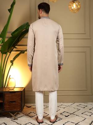 Men's beige viscose silk sequins embroidered kurta with pajama set 5