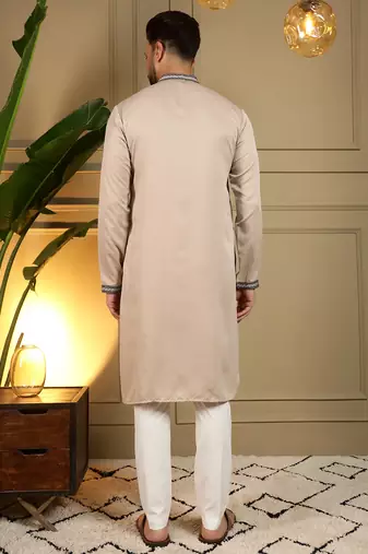 Men's beige viscose silk sequins embroidered kurta with pajama set