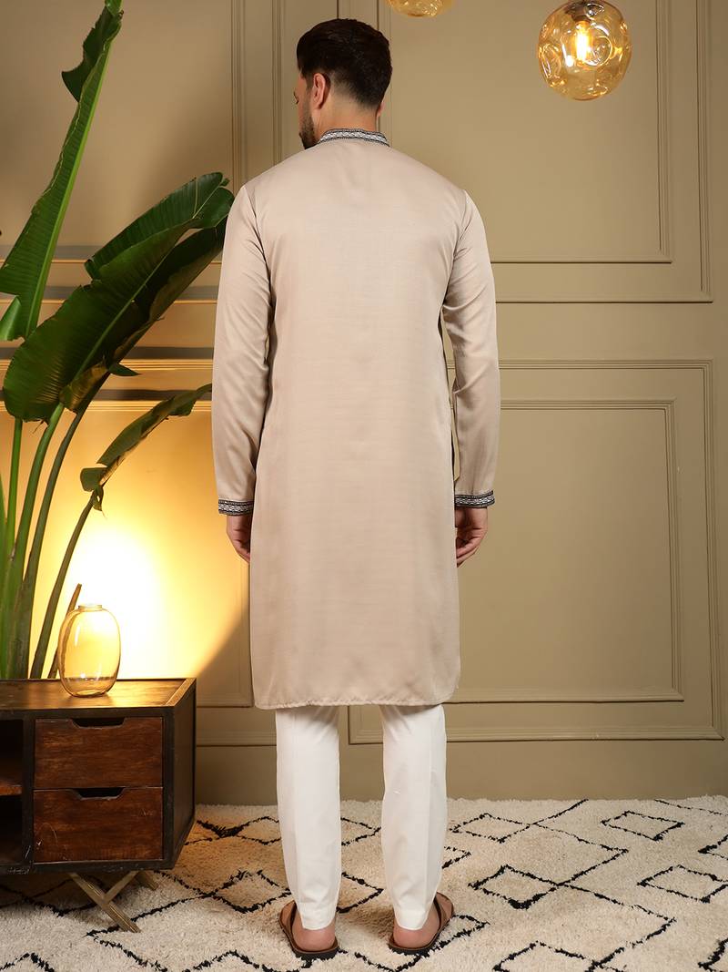 Men's beige viscose silk sequins embroidered kurta with pajama set