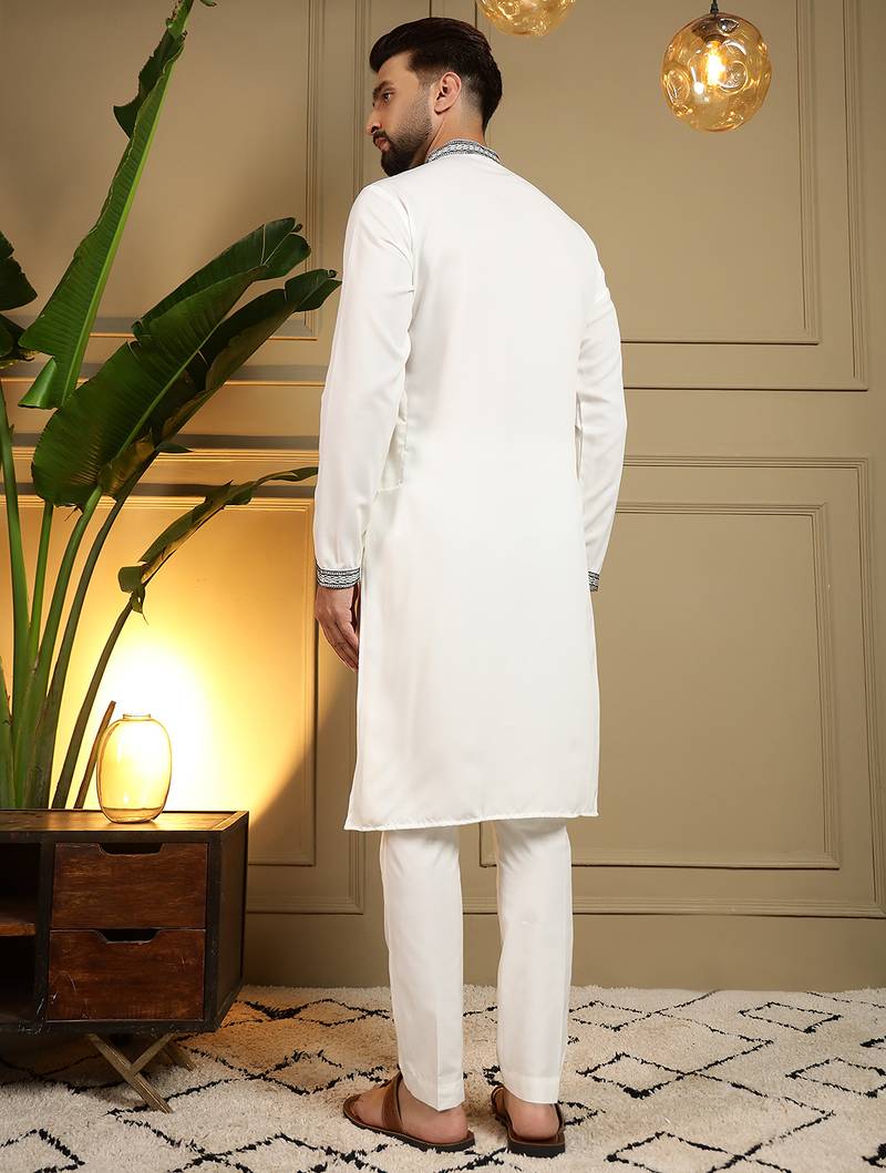 Men's white viscose silk sequins embroidered kurta with pajama set