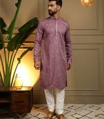 Men's wine khadi cotton mirror embroidered kurta with pajama set