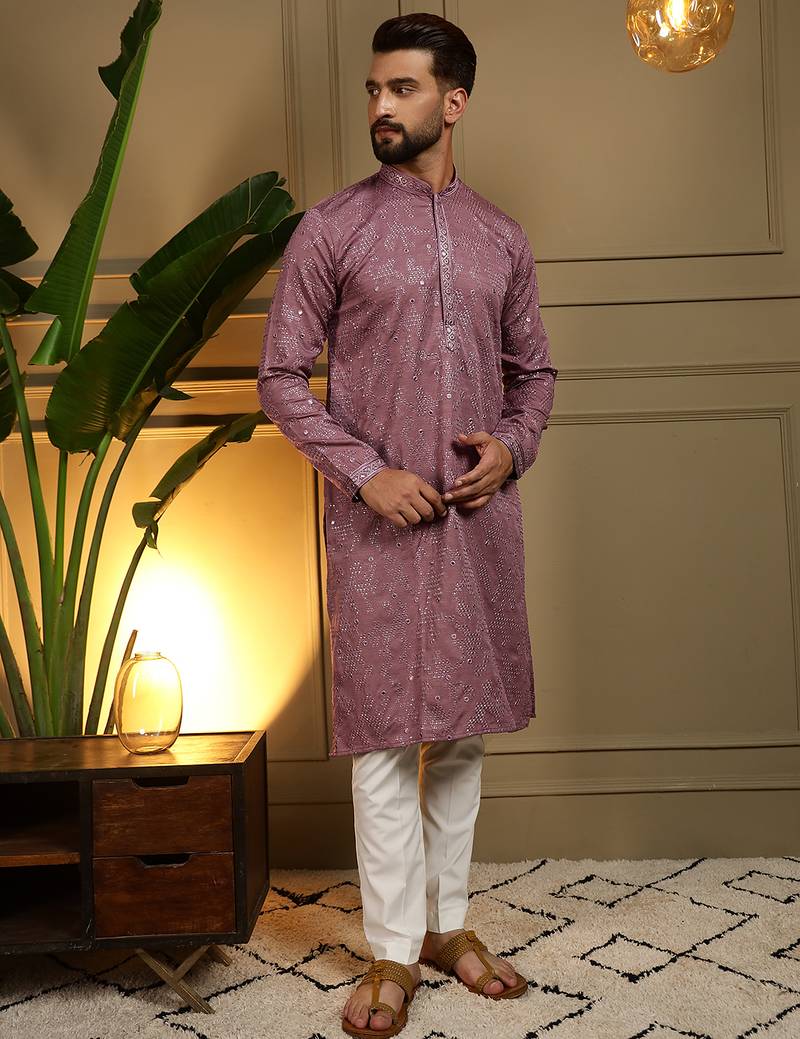 Men's wine khadi cotton mirror embroidered kurta with pajama set