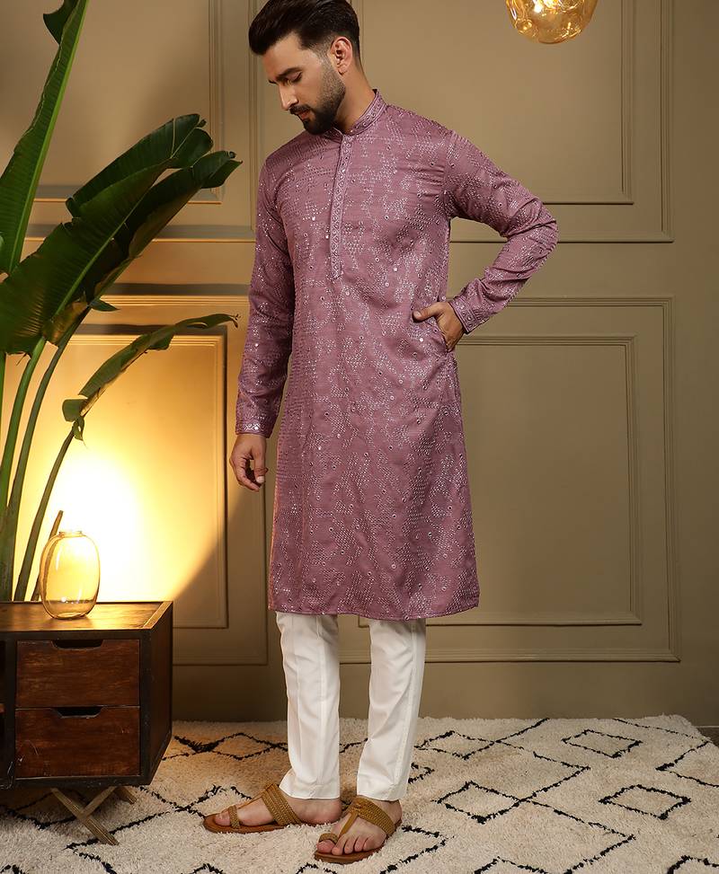 Men's wine khadi cotton mirror embroidered kurta with pajama set
