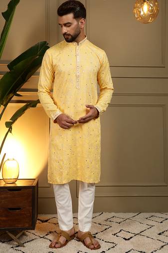 Men's yellow khadi cotton mirror embroidered kurta with pajama set