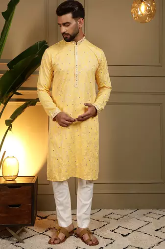 Men's yellow khadi cotton mirror embroidered kurta with pajama set