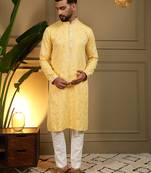 Men's yellow khadi cotton mirror embroidered kurta with pajama set