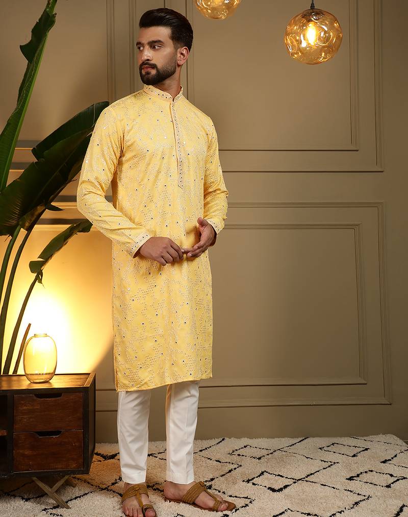 Men's yellow khadi cotton mirror embroidered kurta with pajama set