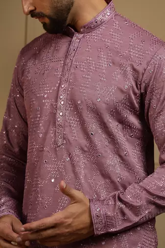 Men's wine khadi cotton mirror embroidered kurta with pajama set