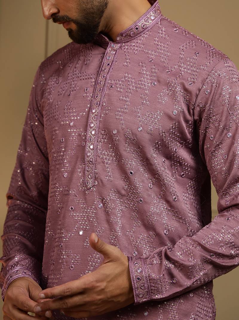 Men's wine khadi cotton mirror embroidered kurta with pajama set