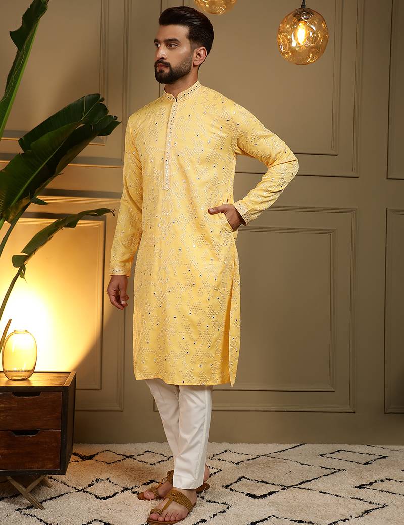 Men's yellow khadi cotton mirror embroidered kurta with pajama set