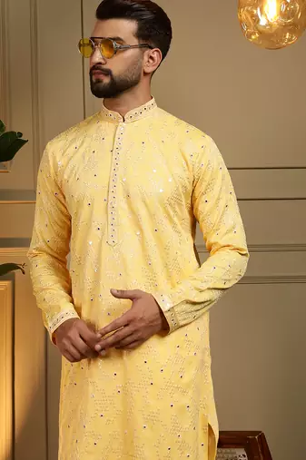 Men's yellow khadi cotton mirror embroidered kurta with pajama set