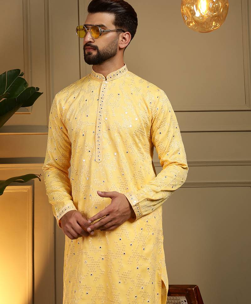 Men's yellow khadi cotton mirror embroidered kurta with pajama set