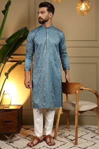 Men's blue khadi cotton mirror embroidered kurta with pajama set