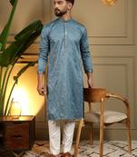 Men's blue khadi cotton mirror embroidered kurta with pajama set