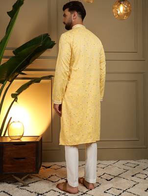 Men's yellow khadi cotton mirror embroidered kurta with pajama set 5