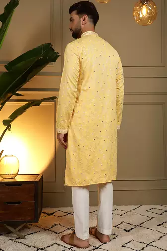 Men's yellow khadi cotton mirror embroidered kurta with pajama set