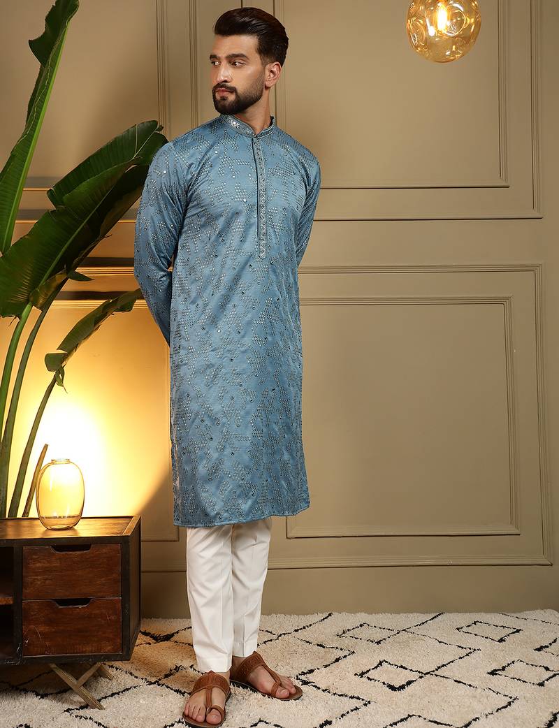 Men's blue khadi cotton mirror embroidered kurta with pajama set