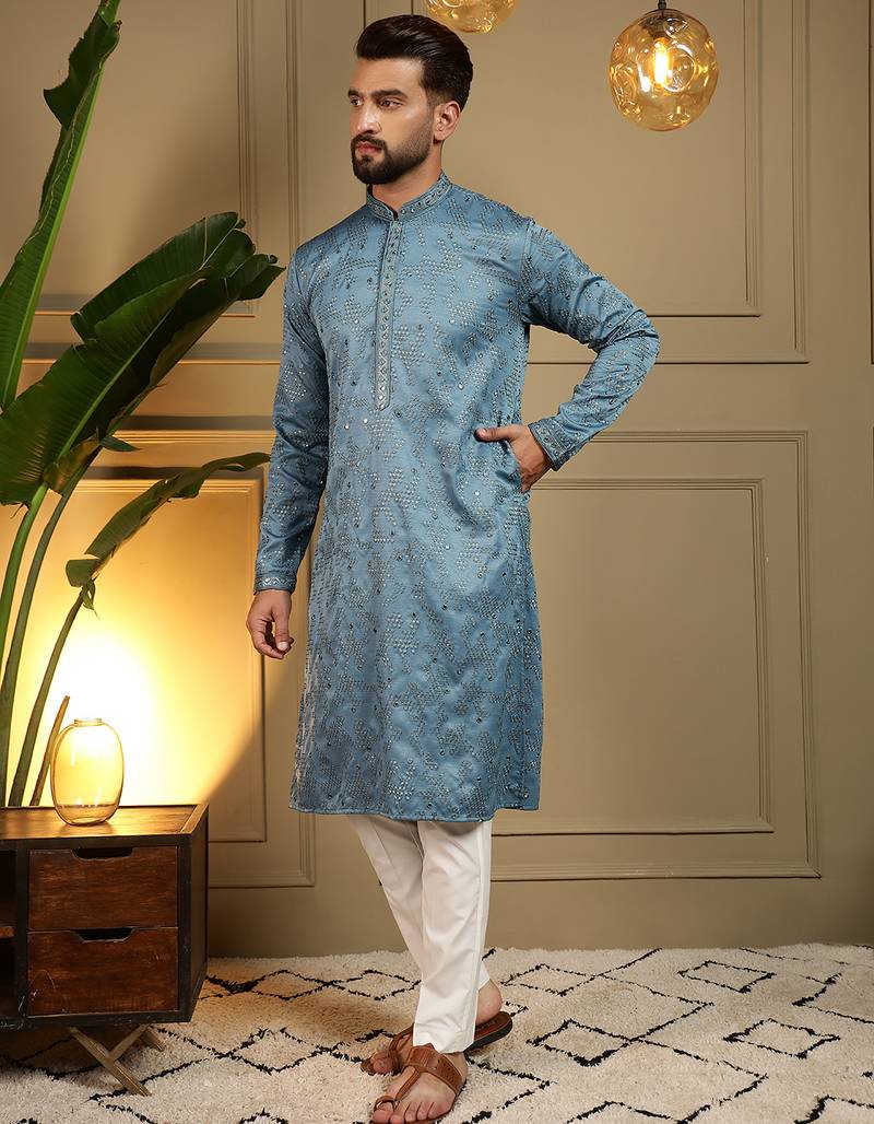 Men's blue khadi cotton mirror embroidered kurta with pajama set