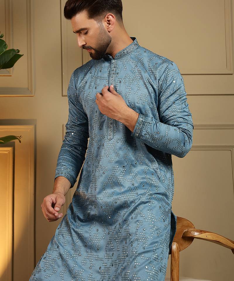 Men's blue khadi cotton mirror embroidered kurta with pajama set