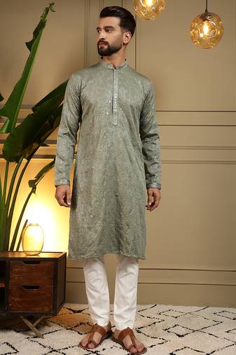 Men's mehendi khadi cotton mirror embroidered kurta with pajama set