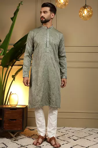 Men's mehendi khadi cotton mirror embroidered kurta with pajama set