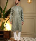 Men's mehendi khadi cotton mirror embroidered kurta with pajama set