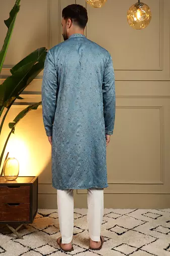 Men's blue khadi cotton mirror embroidered kurta with pajama set