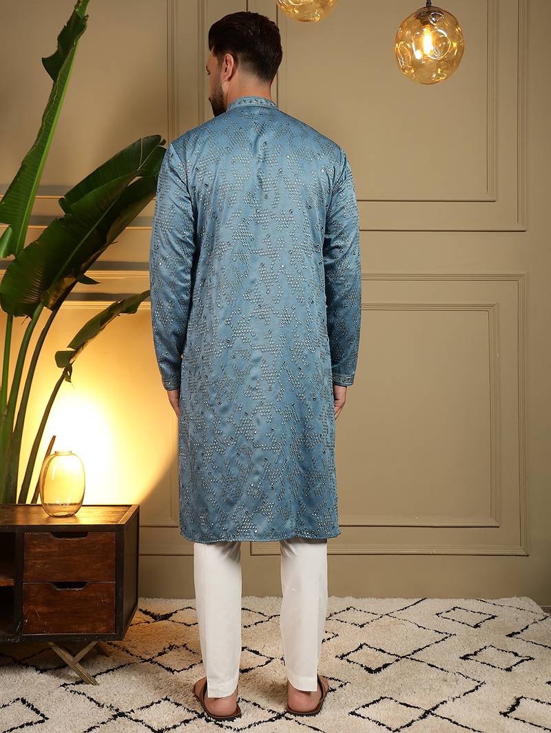 Men's blue khadi cotton mirror embroidered kurta with pajama set