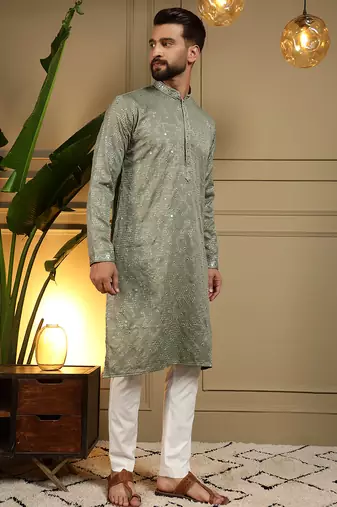 Men's mehendi khadi cotton mirror embroidered kurta with pajama set