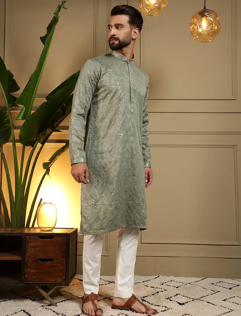 Men's mehendi khadi cotton mirror embroidered kurta with pajama set