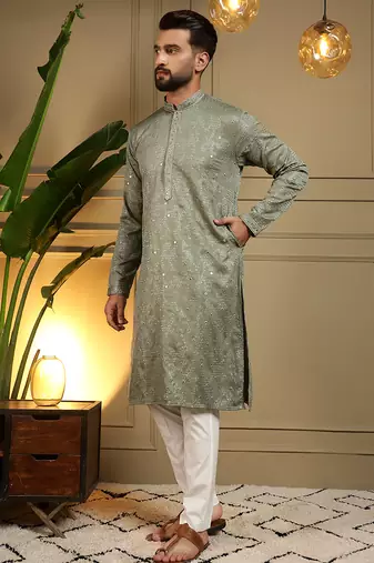 Men's mehendi khadi cotton mirror embroidered kurta with pajama set