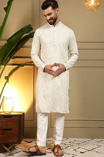 Men's white khadi cotton mirror embroidered kurta with pajama set