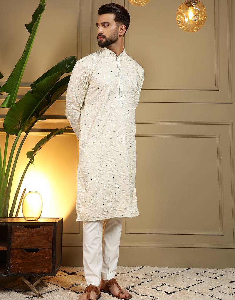 Men's white khadi cotton mirror embroidered kurta with pajama set