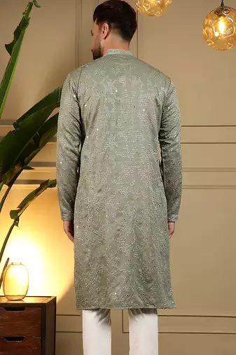 Men's mehendi khadi cotton mirror embroidered kurta with pajama set