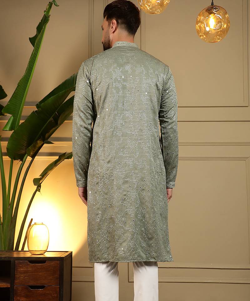 Men's mehendi khadi cotton mirror embroidered kurta with pajama set