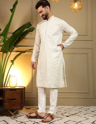Men's white khadi cotton mirror embroidered kurta with pajama set 3