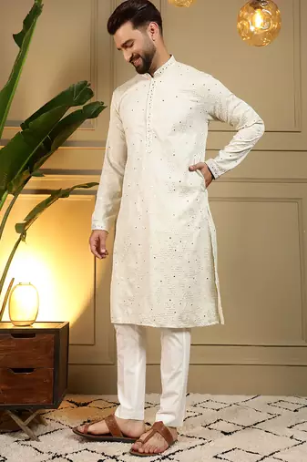 Men's white khadi cotton mirror embroidered kurta with pajama set