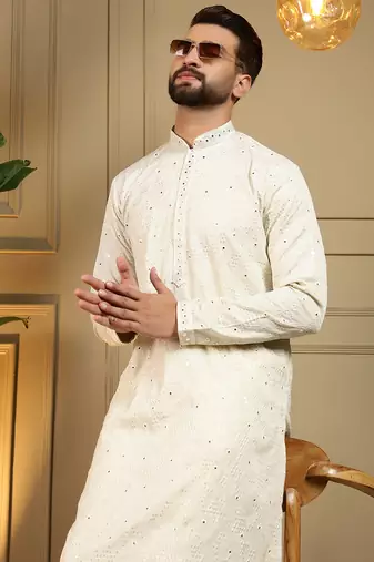 Men's white khadi cotton mirror embroidered kurta with pajama set