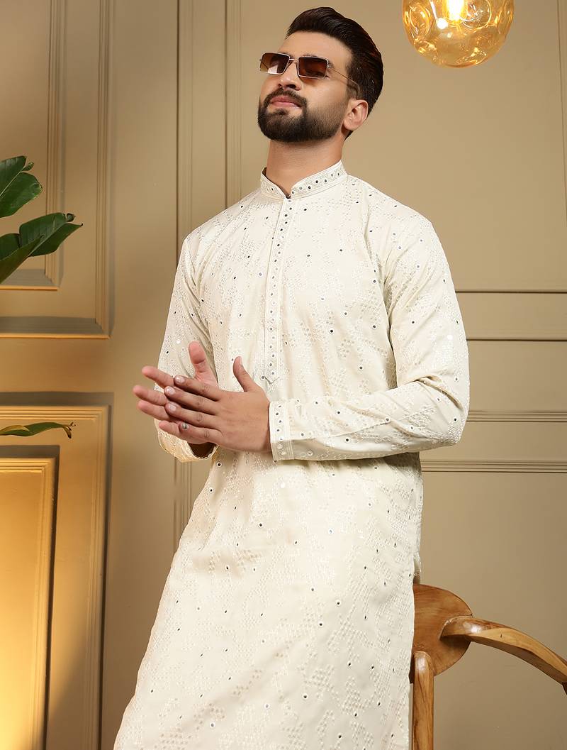 Men's white khadi cotton mirror embroidered kurta with pajama set